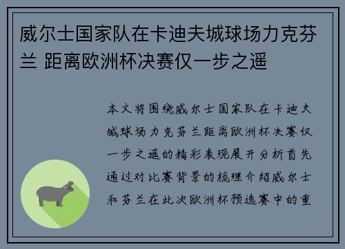 威尔士国家队在卡迪夫城球场力克芬兰 距离欧洲杯决赛仅一步之遥 威尔士国家队在卡迪夫城球场力克芬兰 距离欧洲杯决赛仅一步之遥